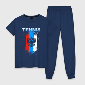 Женская пижама хлопок с принтом Tennis в Новосибирске, 100% хлопок | брюки и футболка прямого кроя, без карманов, на брюках мягкая резинка на поясе и по низу штанин | itf | sport | tennis | большой | линии | мяч | надпись | полосы | ракетка | россии | россия | рф | сборная | символ | состязание | спорт | спортсмен | теннис | теннисист | теннисистка | флаг