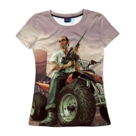 Женская футболка 3D с принтом Grand Theft Auto в Новосибирске, 100% полиэфир ( синтетическое хлопкоподобное полотно) | прямой крой, круглый вырез горловины, длина до линии бедер | action | adventure | герой | гта | лос анджелес | лос сантос | мир | открытый | полет | сан андреас | сила | стрельба