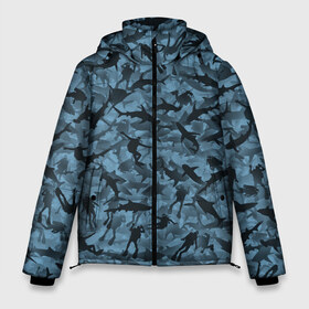 Мужская зимняя куртка 3D с принтом Акулы и дайверы в Новосибирске, верх — 100% полиэстер; подкладка — 100% полиэстер; утеплитель — 100% полиэстер | длина ниже бедра, свободный силуэт Оверсайз. Есть воротник-стойка, отстегивающийся капюшон и ветрозащитная планка. 

Боковые карманы с листочкой на кнопках и внутренний карман на молнии. | Тематика изображения на принте: аквалангист | камуфляж | милитари | молот | море | рыба