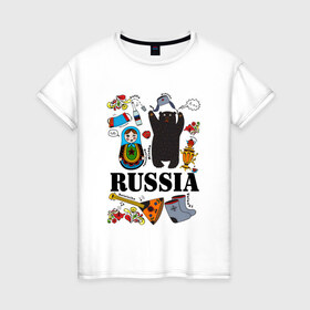 Женская футболка хлопок с принтом Россия в Новосибирске, 100% хлопок | прямой крой, круглый вырез горловины, длина до линии бедер, слегка спущенное плечо | балалайка | матрёшка | медведь | россия | стереотипы