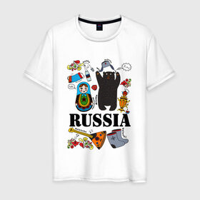 Мужская футболка хлопок с принтом Россия в Новосибирске, 100% хлопок | прямой крой, круглый вырез горловины, длина до линии бедер, слегка спущенное плечо. | балалайка | матрёшка | медведь | россия | стереотипы