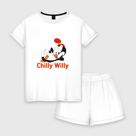 Женская пижама с шортиками хлопок с принтом Chilly Willy в Новосибирске, 100% хлопок | футболка прямого кроя, шорты свободные с широкой мягкой резинкой | Тематика изображения на принте: chilly | chilly willy | арт | животные | милые | мультфильмы | пингвины | чилли вилли