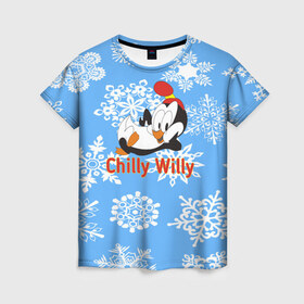 Женская футболка 3D с принтом Chilly Willy в Новосибирске, 100% полиэфир ( синтетическое хлопкоподобное полотно) | прямой крой, круглый вырез горловины, длина до линии бедер | chilly | chilly willy | арт | животные | милые | мультфильмы | пингвины | снежинки | текстура | чилли вилли