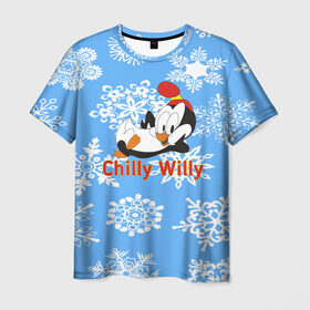 Мужская футболка 3D с принтом Chilly Willy в Новосибирске, 100% полиэфир | прямой крой, круглый вырез горловины, длина до линии бедер | chilly | chilly willy | арт | животные | милые | мультфильмы | пингвины | снежинки | текстура | чилли вилли