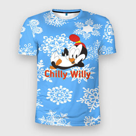 Мужская футболка 3D спортивная с принтом Chilly Willy в Новосибирске, 100% полиэстер с улучшенными характеристиками | приталенный силуэт, круглая горловина, широкие плечи, сужается к линии бедра | chilly | chilly willy | арт | животные | милые | мультфильмы | пингвины | снежинки | текстура | чилли вилли