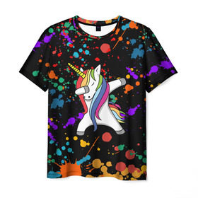 Мужская футболка 3D с принтом ЕДИНОРОГ РАДУГА (ЧЕРНЫЙ) в Новосибирске, 100% полиэфир | прямой крой, круглый вырез горловины, длина до линии бедер | color | dab | pony | rainbow | unicornis dab | брызги | даб | единорог | единорог радуга | животные | краски | красочные | ляпистые | пони | радуга | цвета радуги