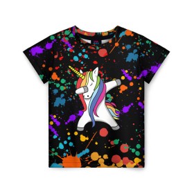 Детская футболка 3D с принтом ЕДИНОРОГ РАДУГА (ЧЕРНЫЙ) в Новосибирске, 100% гипоаллергенный полиэфир | прямой крой, круглый вырез горловины, длина до линии бедер, чуть спущенное плечо, ткань немного тянется | color | dab | pony | rainbow | unicornis dab | брызги | даб | единорог | единорог радуга | животные | краски | красочные | ляпистые | пони | радуга | цвета радуги