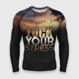 Мужской рашгард 3D с принтом Fuck Your Stress в Новосибирске,  |  | black | orange | palm trees | stress | sunset | yellow | your | желтый | закат | оранжевый | пальмы | стресс | твой | черный
