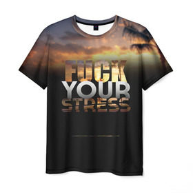 Мужская футболка 3D с принтом Fuck Your Stress в Новосибирске, 100% полиэфир | прямой крой, круглый вырез горловины, длина до линии бедер | black | orange | palm trees | stress | sunset | yellow | your | желтый | закат | оранжевый | пальмы | стресс | твой | черный