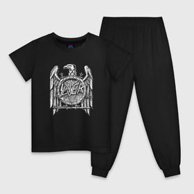 Детская пижама хлопок с принтом Slayer в Новосибирске, 100% хлопок |  брюки и футболка прямого кроя, без карманов, на брюках мягкая резинка на поясе и по низу штанин
 | Тематика изображения на принте: slayer | группа | гэри холт | керри кинг | метал | музыка | пентаграмма | песни | пол бостаф | рок | слаер | слайер | слеар | слеер | слейр | слеяр | том арайа | трэш | тяжелый | хеви