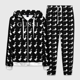 Мужской костюм 3D с принтом Gussi Black в Новосибирске, 100% полиэстер | Манжеты и пояс оформлены тканевой резинкой, двухслойный капюшон со шнурком для регулировки, карманы спереди | Тематика изображения на принте: gucci | gussi ga ga ga | gussi gang | бренд | гусь | птица
