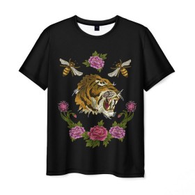 Мужская футболка 3D с принтом GG Tiger в Новосибирске, 100% полиэфир | прямой крой, круглый вырез горловины, длина до линии бедер | bee | brand | flower | flowers | gg | ggang | gucci | guccigang | tiger | вышивка | гг | гуччи | пчела | пчелы | тигр | цветок | цветы