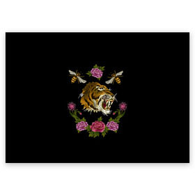 Поздравительная открытка с принтом GG Tiger в Новосибирске, 100% бумага | плотность бумаги 280 г/м2, матовая, на обратной стороне линовка и место для марки
 | bee | brand | flower | flowers | gg | ggang | gucci | guccigang | tiger | вышивка | гг | гуччи | пчела | пчелы | тигр | цветок | цветы