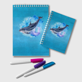 Блокнот с принтом Дельфин в Новосибирске, 100% бумага | 48 листов, плотность листов — 60 г/м2, плотность картонной обложки — 250 г/м2. Листы скреплены удобной пружинной спиралью. Цвет линий — светло-серый
 | Тематика изображения на принте: dolphin | акварель | дельфин | море | морские млекопитающие | океан | синий