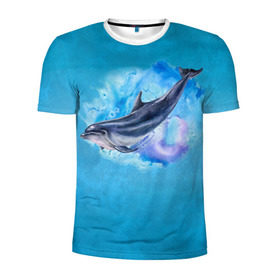 Мужская футболка 3D спортивная с принтом Дельфин в Новосибирске, 100% полиэстер с улучшенными характеристиками | приталенный силуэт, круглая горловина, широкие плечи, сужается к линии бедра | dolphin | акварель | дельфин | море | морские млекопитающие | океан | синий