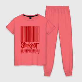 Женская пижама хлопок с принтом SlipKnot штрих код в Новосибирске, 100% хлопок | брюки и футболка прямого кроя, без карманов, на брюках мягкая резинка на поясе и по низу штанин | 1999 | got | slipknot. mad | группа | код | логотип | надпись | слипкнот | штрих | штрихкод | эмблема