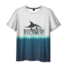 Мужская футболка 3D с принтом Бизнес-акула в Новосибирске, 100% полиэфир | прямой крой, круглый вырез горловины, длина до линии бедер | business | fish | letterin | sea | shark | water | акула | белый | бизнес | вектор | вода | зубы | логотип | море | надпись | оранжевый | охотник | рыба | синий | текст | тень | хищник | черный