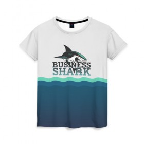 Женская футболка 3D с принтом Бизнес-акула в Новосибирске, 100% полиэфир ( синтетическое хлопкоподобное полотно) | прямой крой, круглый вырез горловины, длина до линии бедер | business | fish | letterin | sea | shark | water | акула | белый | бизнес | вектор | вода | зубы | логотип | море | надпись | оранжевый | охотник | рыба | синий | текст | тень | хищник | черный