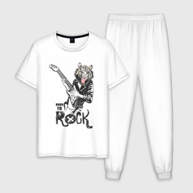 Мужская пижама хлопок с принтом Тигр Рок в Новосибирске, 100% хлопок | брюки и футболка прямого кроя, без карманов, на брюках мягкая резинка на поясе и по низу штанин
 | rock | гитара | рок | рокер | тигр | тигры