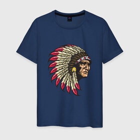 Мужская футболка хлопок с принтом Индеец в Новосибирске, 100% хлопок | прямой крой, круглый вырез горловины, длина до линии бедер, слегка спущенное плечо. | америка | американец | индеец | индейцы | коренной американец | перья | с индейцом | сша | хипстер