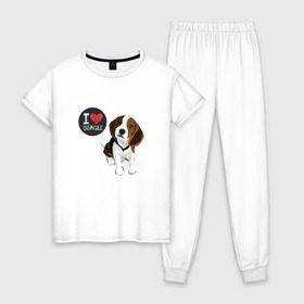 Женская пижама хлопок с принтом Я люблю Бигля в Новосибирске, 100% хлопок | брюки и футболка прямого кроя, без карманов, на брюках мягкая резинка на поясе и по низу штанин | beagle | бигли | бигль | с биглем | с обакой | собака | собаки | собачки