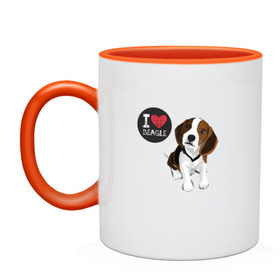 Кружка двухцветная с принтом Я люблю Бигля в Новосибирске, керамика | объем — 330 мл, диаметр — 80 мм. Цветная ручка и кайма сверху, в некоторых цветах — вся внутренняя часть | Тематика изображения на принте: beagle | бигли | бигль | с биглем | с обакой | собака | собаки | собачки