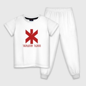 Детская пижама хлопок с принтом TRAUMA TEAM \ CYBERPUNK 2077 в Новосибирске, 100% хлопок |  брюки и футболка прямого кроя, без карманов, на брюках мягкая резинка на поясе и по низу штанин
 | Тематика изображения на принте: 2019 | cd project red | cyberpunk 2077 | future | hack | night city | samurai | sci fi | trauma team | андроиды | безумие | будущее | город ночи | киберпанк 2077 | логотип | роботы | самураи | фантастика | цифры