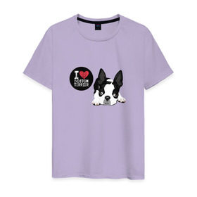 Мужская футболка хлопок с принтом Я люблю Бостон Терьер в Новосибирске, 100% хлопок | прямой крой, круглый вырез горловины, длина до линии бедер, слегка спущенное плечо. | Тематика изображения на принте: boston | бостон терьер | с собакой | собака | собаки | собачка | я люблю