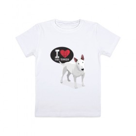 Детская футболка хлопок с принтом Я люблю Бультерьера в Новосибирске, 100% хлопок | круглый вырез горловины, полуприлегающий силуэт, длина до линии бедер | bull terrier | буль | буль терьер | бультерьер | с бультерьером | с собакой | собака | собаки | я люблю