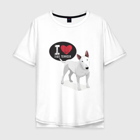 Мужская футболка хлопок Oversize с принтом Я люблю Бультерьера в Новосибирске, 100% хлопок | свободный крой, круглый ворот, “спинка” длиннее передней части | bull terrier | буль | буль терьер | бультерьер | с бультерьером | с собакой | собака | собаки | я люблю