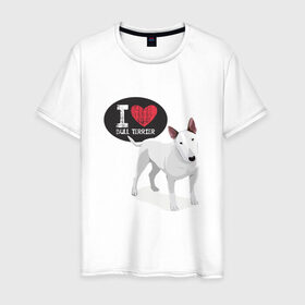 Мужская футболка хлопок с принтом Я люблю Бультерьера в Новосибирске, 100% хлопок | прямой крой, круглый вырез горловины, длина до линии бедер, слегка спущенное плечо. | Тематика изображения на принте: bull terrier | буль | буль терьер | бультерьер | с бультерьером | с собакой | собака | собаки | я люблю