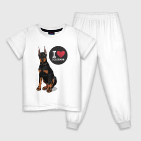 Детская пижама хлопок с принтом Я люблю Добермана в Новосибирске, 100% хлопок |  брюки и футболка прямого кроя, без карманов, на брюках мягкая резинка на поясе и по низу штанин
 | Тематика изображения на принте: доберман | с доберманом | собака | собаки | собачки | я люблю
