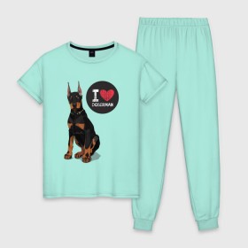 Женская пижама хлопок с принтом Я люблю Добермана в Новосибирске, 100% хлопок | брюки и футболка прямого кроя, без карманов, на брюках мягкая резинка на поясе и по низу штанин | доберман | с доберманом | собака | собаки | собачки | я люблю