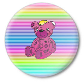 Значок с принтом Мишка Lil Peep в Новосибирске,  металл | круглая форма, металлическая застежка в виде булавки | gbc | hip hop | lil peep | love | pink | rap | лил пип | лилпип | медведь | медвежонок | мишка | реп | розовый | рэп | тату | трэп | хип хоп | эмо