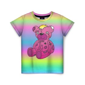 Детская футболка 3D с принтом Мишка Lil Peep в Новосибирске, 100% гипоаллергенный полиэфир | прямой крой, круглый вырез горловины, длина до линии бедер, чуть спущенное плечо, ткань немного тянется | gbc | hip hop | lil peep | love | pink | rap | лил пип | лилпип | медведь | медвежонок | мишка | реп | розовый | рэп | тату | трэп | хип хоп | эмо
