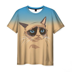 Мужская футболка 3D с принтом Grumpy cat ART в Новосибирске, 100% полиэфир | прямой крой, круглый вырез горловины, длина до линии бедер | cat | grumpy | грустный кот | киса | кот | котэ | котяра | кошка | мем | сердитый кот