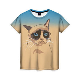 Женская футболка 3D с принтом Grumpy cat ART в Новосибирске, 100% полиэфир ( синтетическое хлопкоподобное полотно) | прямой крой, круглый вырез горловины, длина до линии бедер | cat | grumpy | грустный кот | киса | кот | котэ | котяра | кошка | мем | сердитый кот