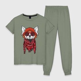Женская пижама хлопок с принтом Панда в Новосибирске, 100% хлопок | брюки и футболка прямого кроя, без карманов, на брюках мягкая резинка на поясе и по низу штанин | красная панда | медведь | панда | панды | с медведем | с пандой | стиль | стильная