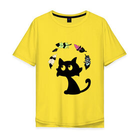 Мужская футболка хлопок Oversize с принтом Котик и перья в Новосибирске, 100% хлопок | свободный крой, круглый ворот, “спинка” длиннее передней части | воздушный | девушкам. детям | животное | забавный | кот | котейка | котёнок | котик | кошка | летать | милый | перо | пёрышко | чёрный кот