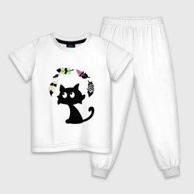 Детская пижама хлопок с принтом Котик и перья в Новосибирске, 100% хлопок |  брюки и футболка прямого кроя, без карманов, на брюках мягкая резинка на поясе и по низу штанин
 | воздушный | девушкам. детям | животное | забавный | кот | котейка | котёнок | котик | кошка | летать | милый | перо | пёрышко | чёрный кот