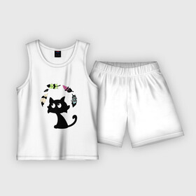 Детская пижама с шортами хлопок с принтом Котик и перья в Новосибирске,  |  | воздушный | девушкам. детям | животное | забавный | кот | котейка | котёнок | котик | кошка | летать | милый | перо | пёрышко | чёрный кот