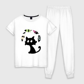 Женская пижама хлопок с принтом Котик и перья в Новосибирске, 100% хлопок | брюки и футболка прямого кроя, без карманов, на брюках мягкая резинка на поясе и по низу штанин | воздушный | девушкам. детям | животное | забавный | кот | котейка | котёнок | котик | кошка | летать | милый | перо | пёрышко | чёрный кот