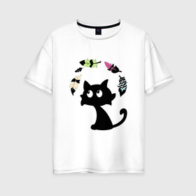 Женская футболка хлопок Oversize с принтом Котик и перья в Новосибирске, 100% хлопок | свободный крой, круглый ворот, спущенный рукав, длина до линии бедер
 | воздушный | девушкам. детям | животное | забавный | кот | котейка | котёнок | котик | кошка | летать | милый | перо | пёрышко | чёрный кот