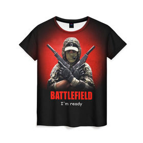 Женская футболка 3D с принтом BATTLEFIELD в Новосибирске, 100% полиэфир ( синтетическое хлопкоподобное полотно) | прямой крой, круглый вырез горловины, длина до линии бедер | battlefield | воин | война | игрок | оружие | солдат | шутер