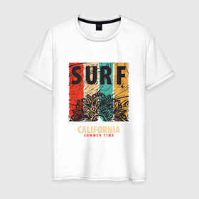 Мужская футболка хлопок с принтом Surf в Новосибирске, 100% хлопок | прямой крой, круглый вырез горловины, длина до линии бедер, слегка спущенное плечо. | абстракция | калифорния | летние | летняя | лето | серфинг | узоры