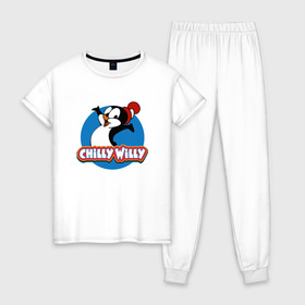 Женская пижама хлопок с принтом Чилли Вилли в Новосибирске, 100% хлопок | брюки и футболка прямого кроя, без карманов, на брюках мягкая резинка на поясе и по низу штанин | chili vili | chilli willi | chilly willy | пингвин | пингвиненок | чили вили | чилли вилли
