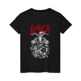 Женская футболка хлопок с принтом Slayer в Новосибирске, 100% хлопок | прямой крой, круглый вырез горловины, длина до линии бедер, слегка спущенное плечо | slayer | гэри холт | керри кинг | пол бостаф | рок группа | слаер | слайер | слеар | слеер | слейр | слеяр | том арайа | хеви