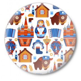 Значок с принтом Традиционный поп арт в Новосибирске,  металл | круглая форма, металлическая застежка в виде булавки | pop art | style | балалайка | матрешка | медведь | поп арт | яркие | яркое