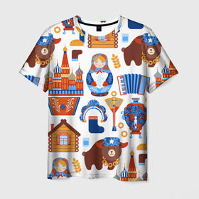 Мужская футболка 3D с принтом Традиционный поп арт в Новосибирске, 100% полиэфир | прямой крой, круглый вырез горловины, длина до линии бедер | pop art | style | балалайка | матрешка | медведь | поп арт | яркие | яркое