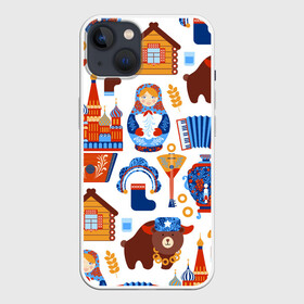 Чехол для iPhone 13 с принтом Традиционный поп арт в Новосибирске,  |  | Тематика изображения на принте: pop art | style | балалайка | матрешка | медведь | поп арт | яркие | яркое
